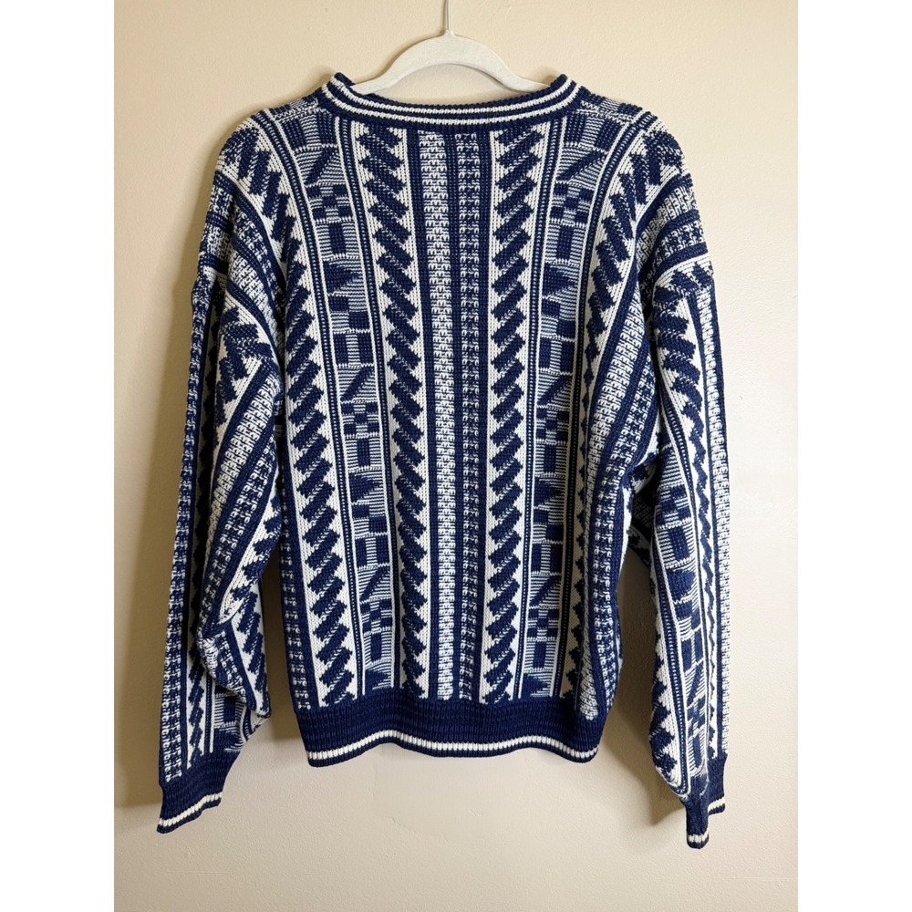 Vintage 90s Navy Blue White Geometric Knit Crew Neck Sweater Pullover Large
